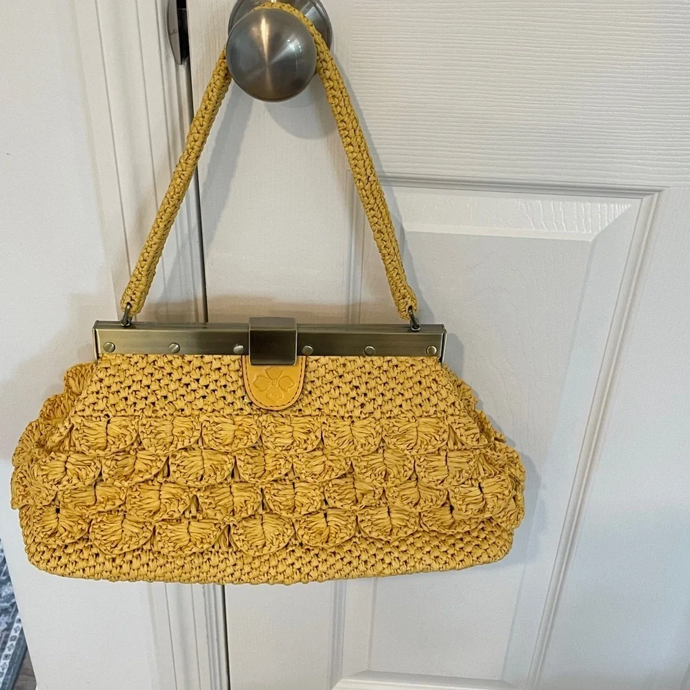 Patricia  Nash butter yellow Woven Raffia vintage inspired Satchel shoulder bag